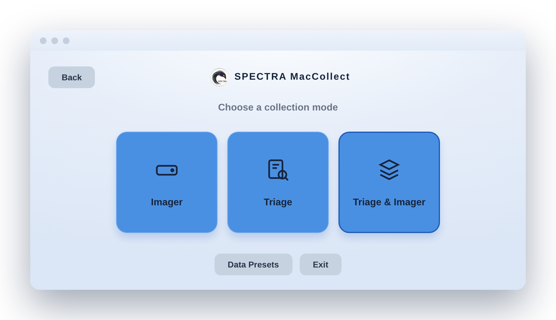 Choose a collection mode screen