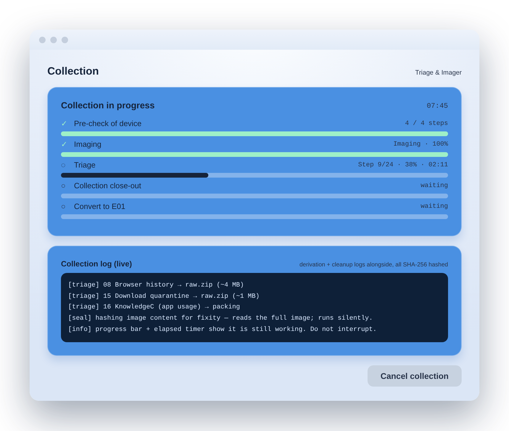 Spectra MacCollect collection-in-progress screen