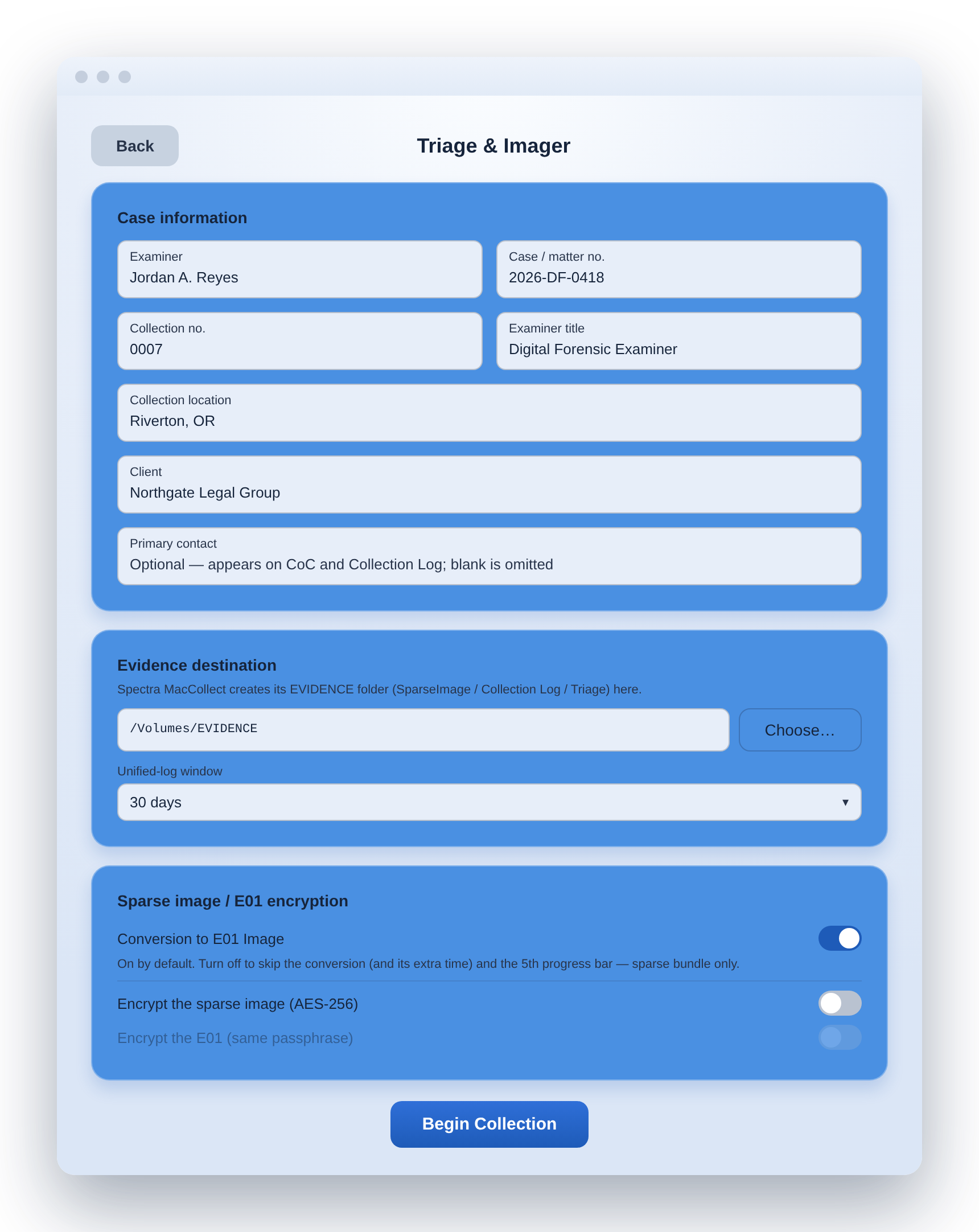 Case setup and options screen